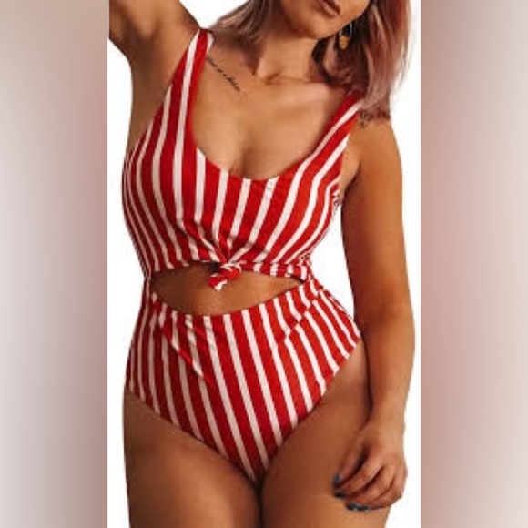 Red Stripe Print Halter Tummy Control Lace up OnePiece Swimsuit NWT Size 4 or XS - Picture 2 of 3